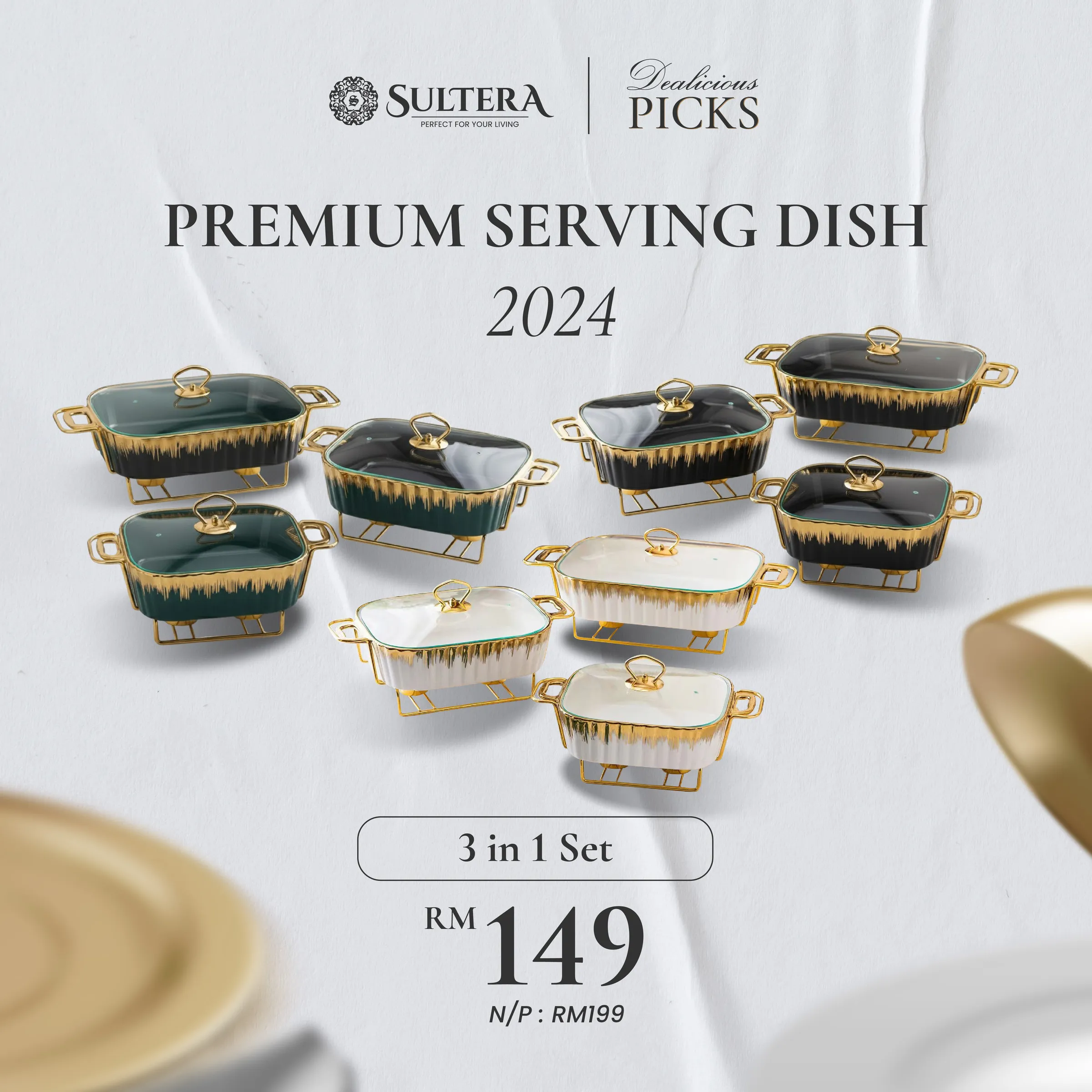 Premium Serving Dish Combo 3 in 1 Set - Shell Design [FREE 3x Gold Ladle]