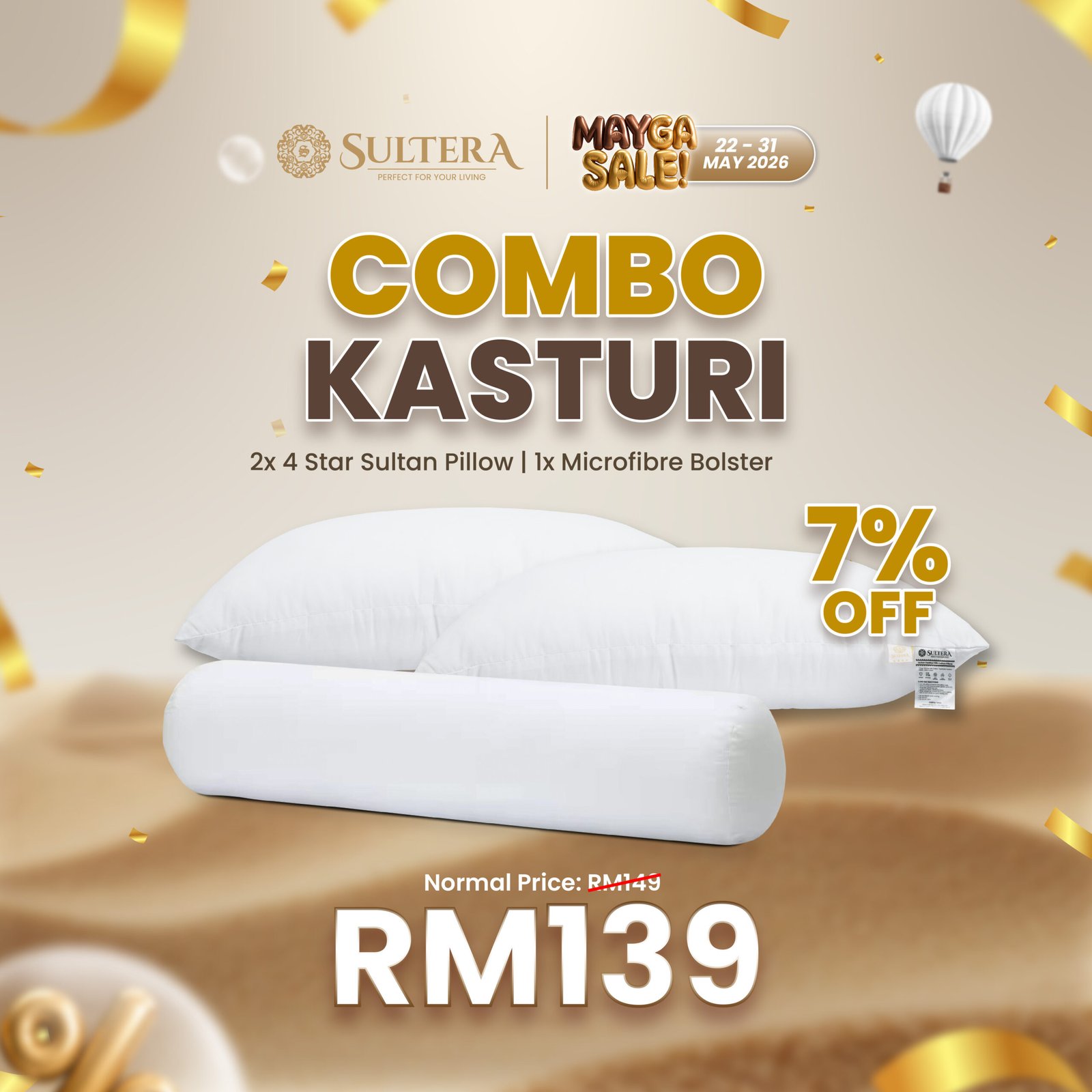Combo Kasturi : 2 Pieces 4 Star Pillow + 1 Piece Bolster