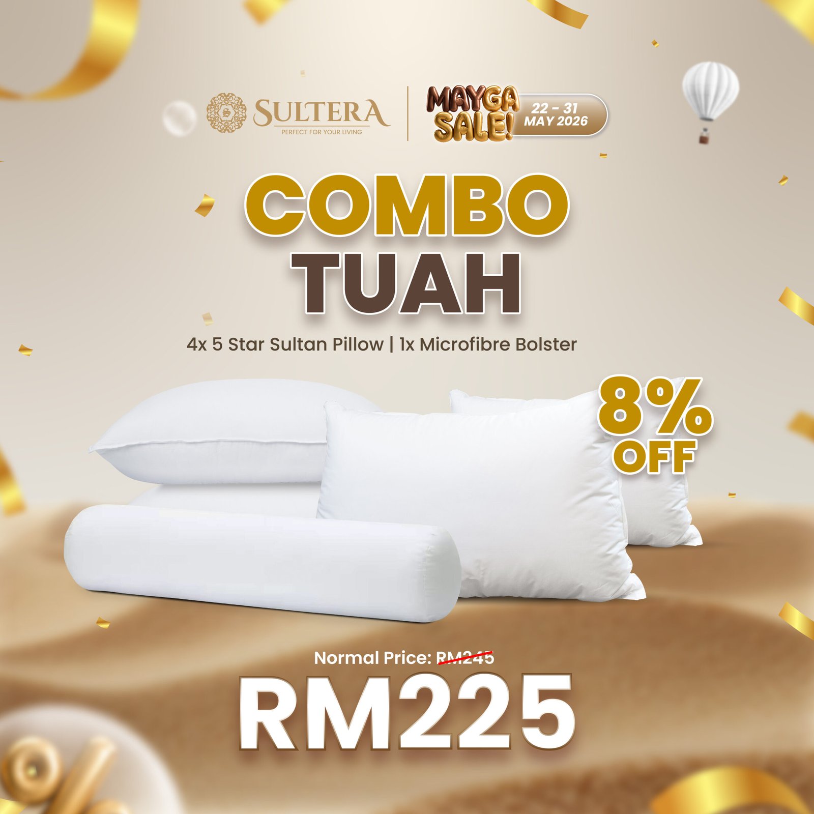 Combo Tuah : 4 Pieces 5 Star Pillow + 1 Piece Bolster