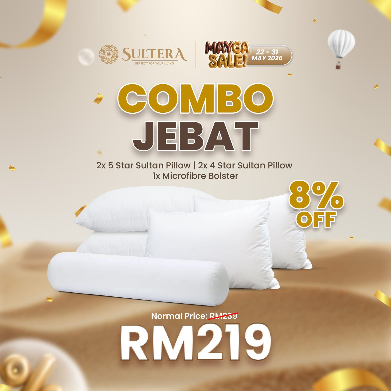 Combo Jebat : 2 Pieces 5 Star Pillow + 2 Pieces 4 Star Pillow + 1 Piece Bolster