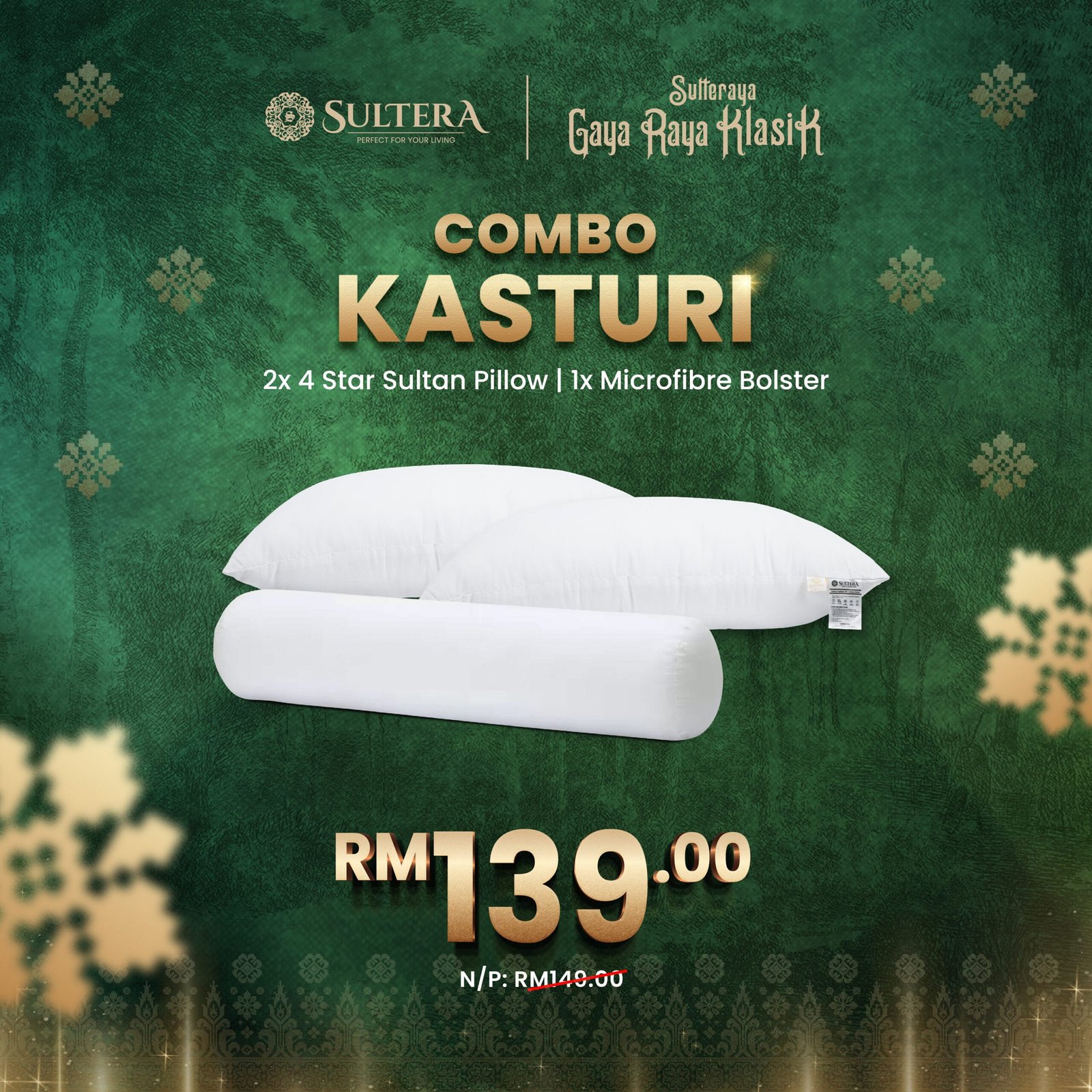 Combo Kasturi : 2 Pieces 4 Star Pillow + 1 Piece Bolster