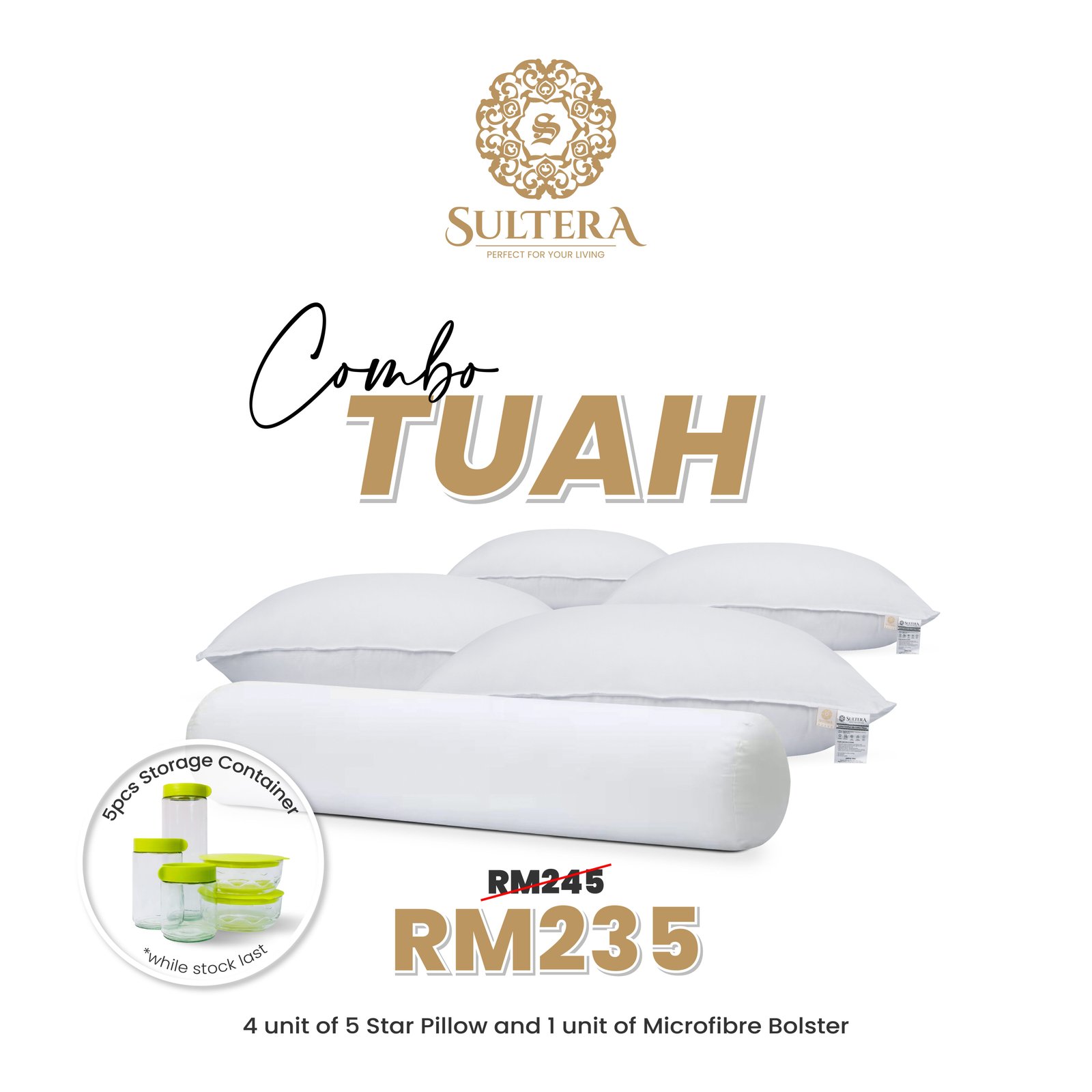 Combo Tuah : 4 Pieces 5 Star Pillow + 1 Piece Bolster